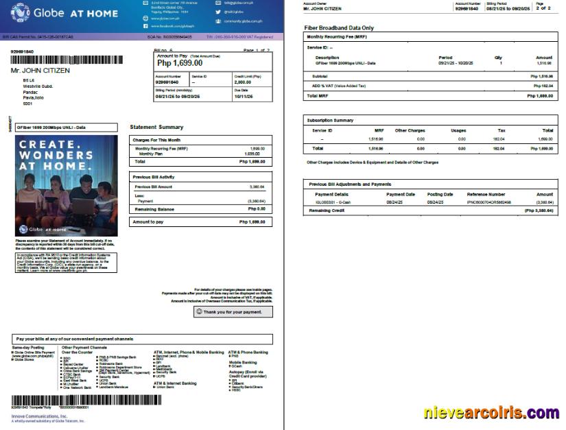 Philippines Globe myBusiness utility bill, 2 pages, version 2